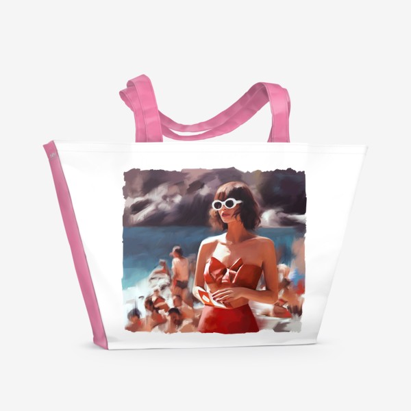 Пляжная сумка «Девушка в красном купальнике на пляже »