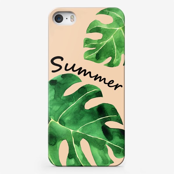 Чехол iPhone «Монстера акварельная принт с надписью лето - summer»