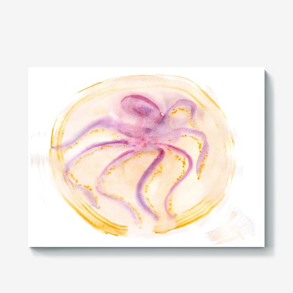 Холст &laquo;Crimson octopus in a sunny oval - Малиновый акварельный осьминог с тонкими щупальцами в солнечно-оранжевом овале&raquo;