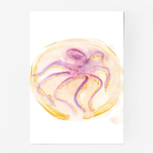 Постер &laquo;Crimson octopus in a sunny oval - Малиновый акварельный осьминог с тонкими щупальцами в солнечно-оранжевом овале&raquo;