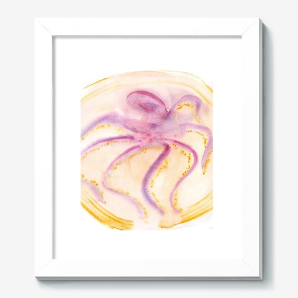 Картина «Crimson octopus in a sunny oval - Малиновый акварельный осьминог с тонкими щупальцами в солнечно-оранжевом овале»