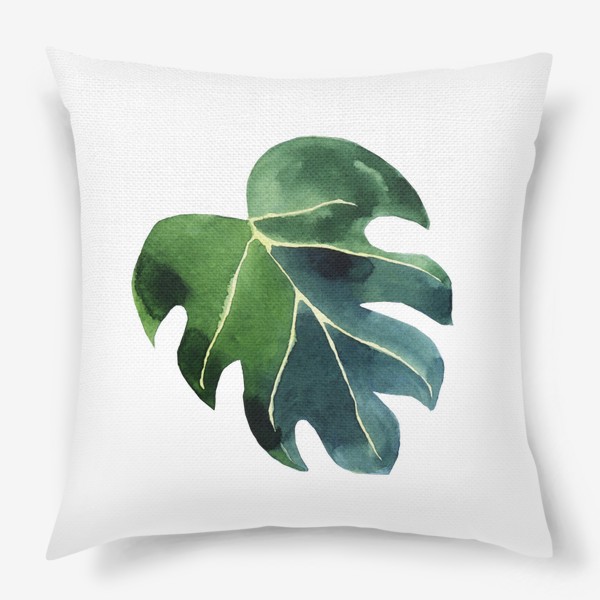 Подушка «Лист монстеры акварельный, тропическое зеленое растение»