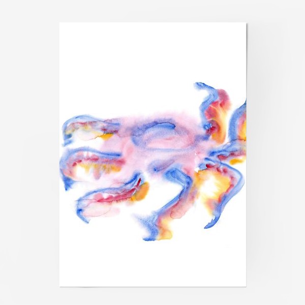 Постер «Blue octopus with solar tentacles - Мягкий округлый полупрозрачный акварельно-голубой осьминог с солнечными щупальцами»
