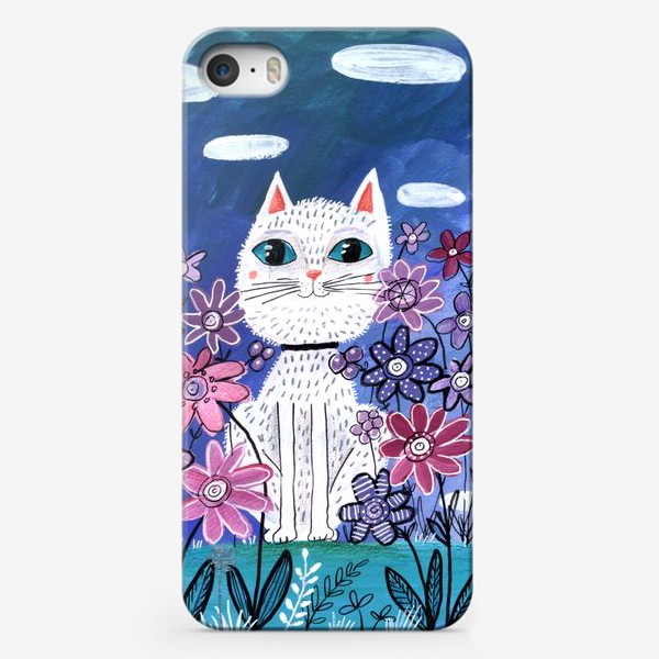 Чехол iPhone «Белая кошка в цветах»