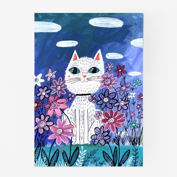 Постер «Белая кошка в цветах»