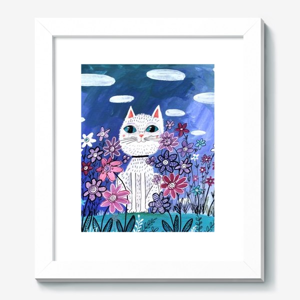 Картина «Белая кошка в цветах»