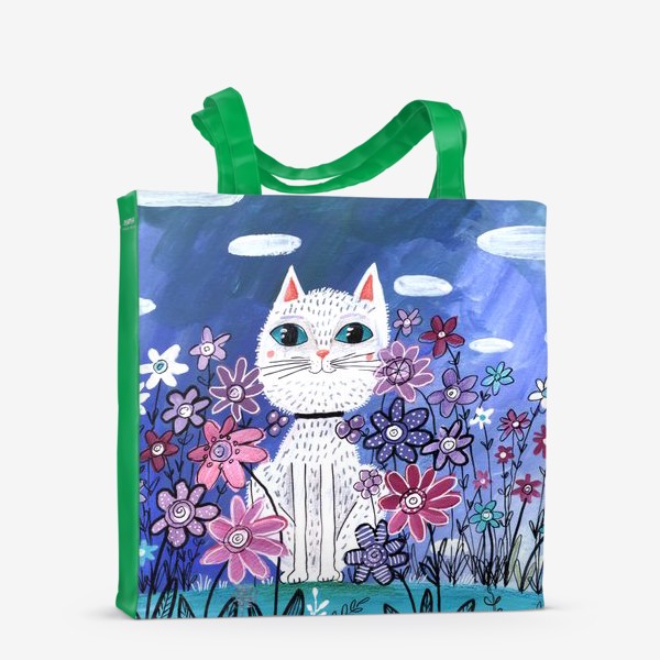Сумка-шоппер «Белая кошка в цветах»