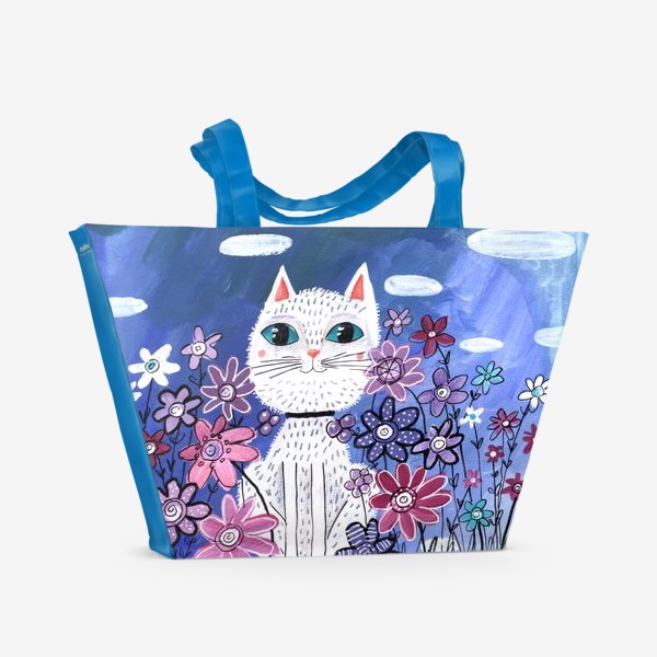 Пляжная сумка «Белая кошка в цветах»