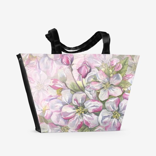 Пляжная сумка &laquo;Цветы яблони, розовые, Акварельный паттерн.&raquo;