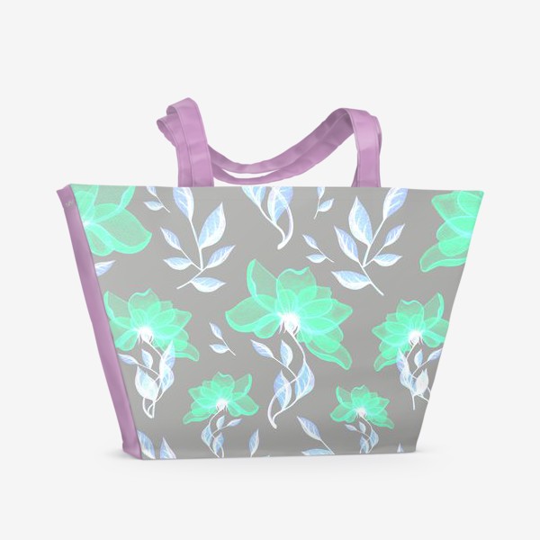 Пляжная сумка &laquo;Абстрактный цветок, бирюзовый на сером фоне. акварельный паттерн.&raquo;
