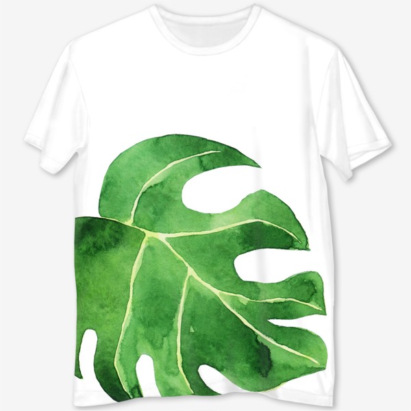 Футболка с полной запечаткой «Монстера акварельная лист, зеленое тропическое растение»