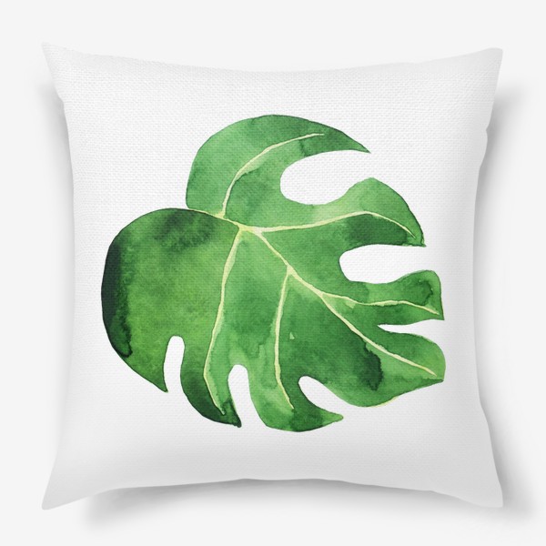 Подушка «Монстера акварельная лист, зеленое тропическое растение»