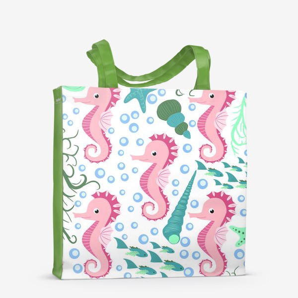 Сумка-шоппер «Розовые морские коньки и рыбки в море»