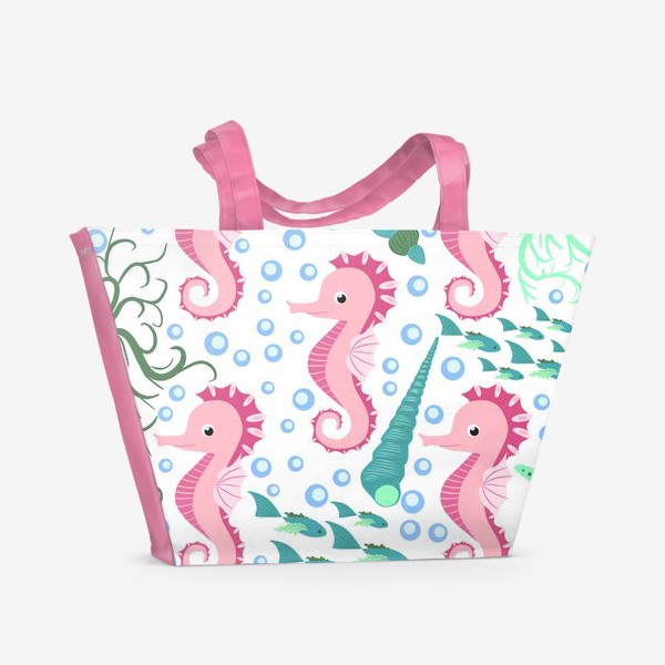 Пляжная сумка «Розовые морские коньки и рыбки в море»