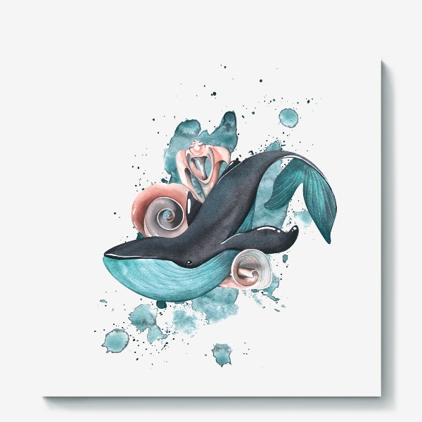 Холст &laquo;Синий кит с ракушками и акварельным пятном. Акварель.&raquo;