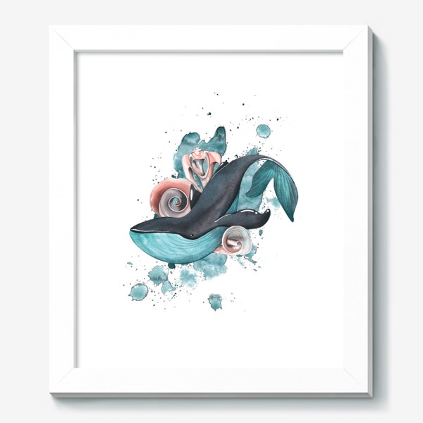 Картина «Синий кит с ракушками и акварельным пятном. Акварель.»