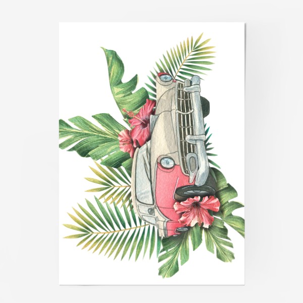 Постер «Ретро машина с тропическими цветами и листьями. Куба. Акварель.»