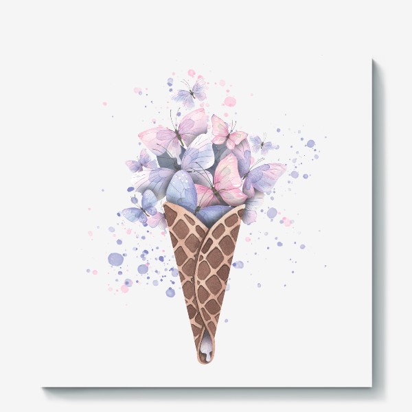Холст &laquo;Розовые и сиреневые бабочки в рожке мороженого. Акварель.&raquo;