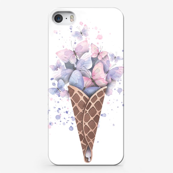 Чехол iPhone «Розовые и сиреневые бабочки в рожке мороженого. Акварель.»