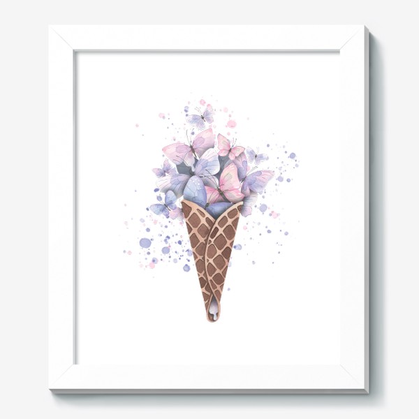 Картина «Розовые и сиреневые бабочки в рожке мороженого. Акварель.»