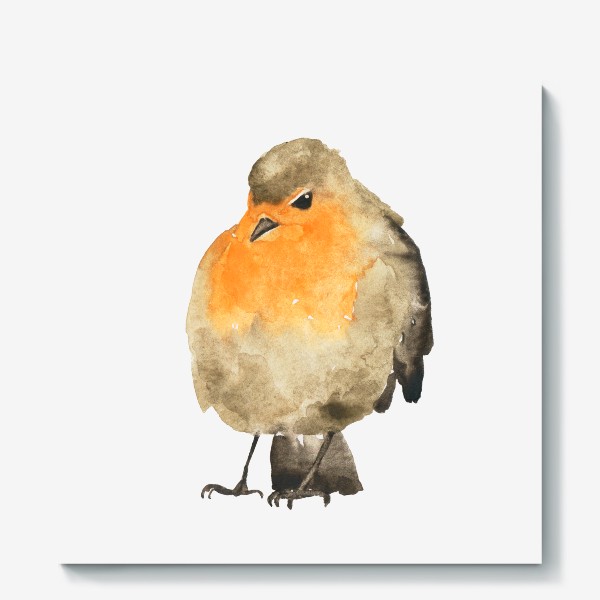 Холст «Птица малиновка оранжевая, акварель»