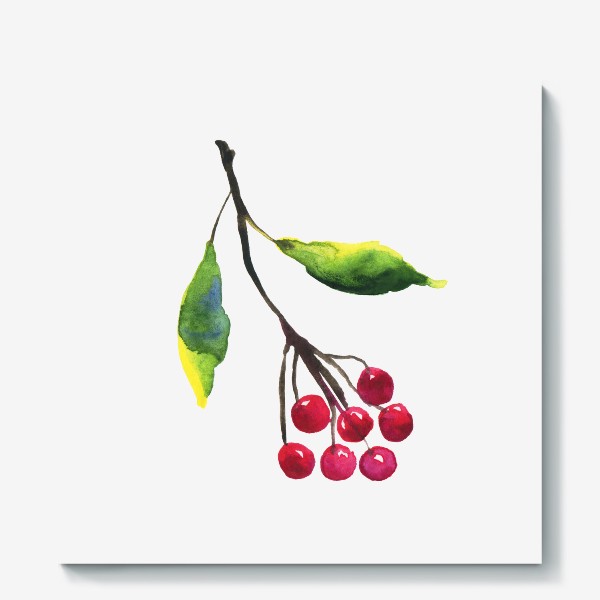 Холст «Абстрактная акварельная рябина, красные ягоды на ветке»