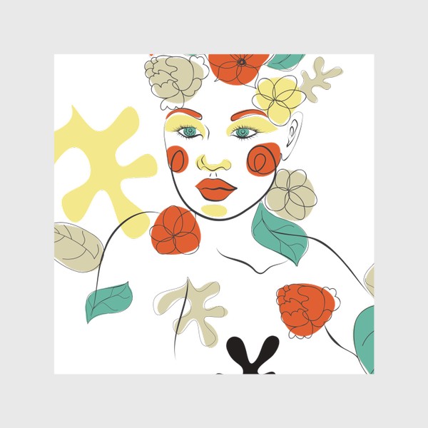 Шторы «Лайн арт портрет девушки с цветами»