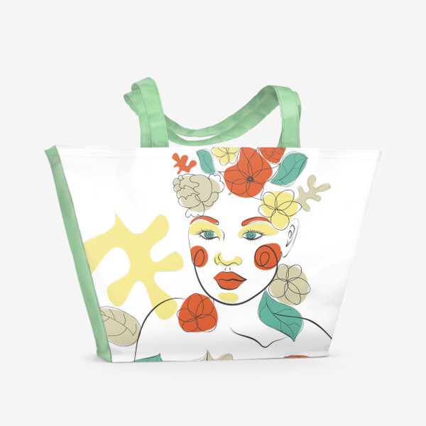 Пляжная сумка «Лайн арт портрет девушки с цветами»