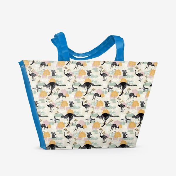 Пляжная сумка «Животные и растения Австралии. Силуэты кенгуру, страуса, коалы и попугая.»