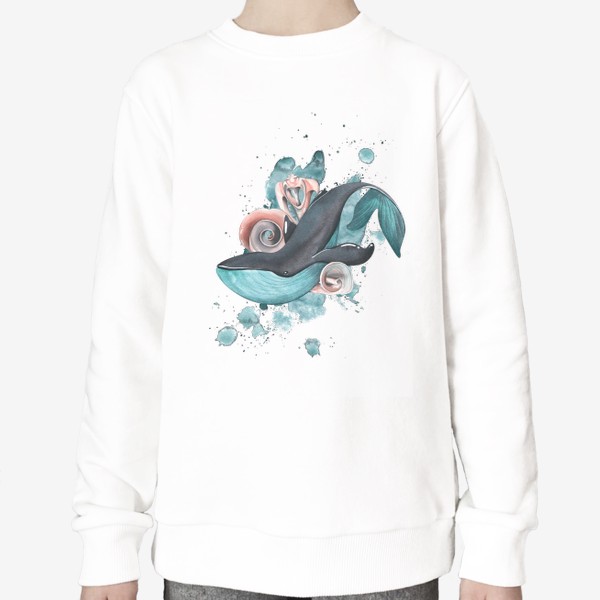 Свитшот «Синий кит с ракушками и акварельным пятном. Акварель.»