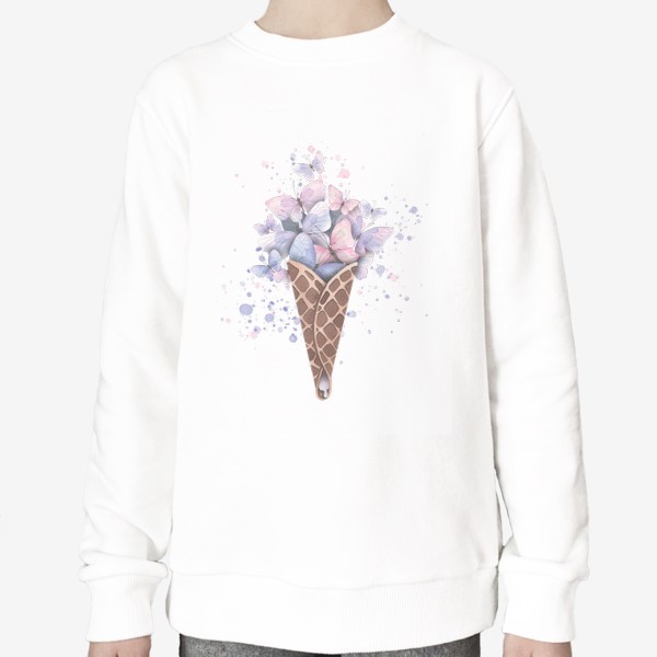 Свитшот «Розовые и сиреневые бабочки в рожке мороженого. Акварель.»