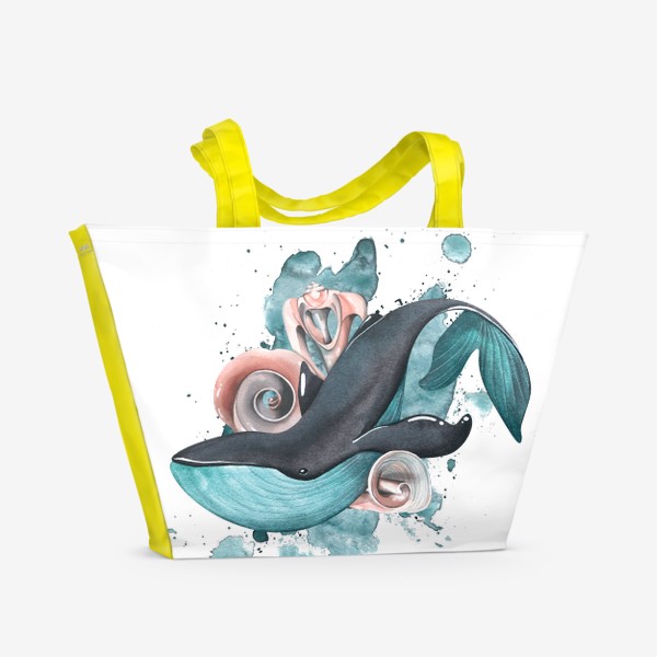 Пляжная сумка &laquo;Синий кит с ракушками и акварельным пятном. Акварель.&raquo;