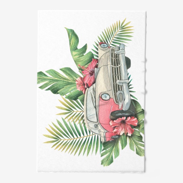 Полотенце «Ретро машина с тропическими цветами и листьями. Куба. Акварель.»