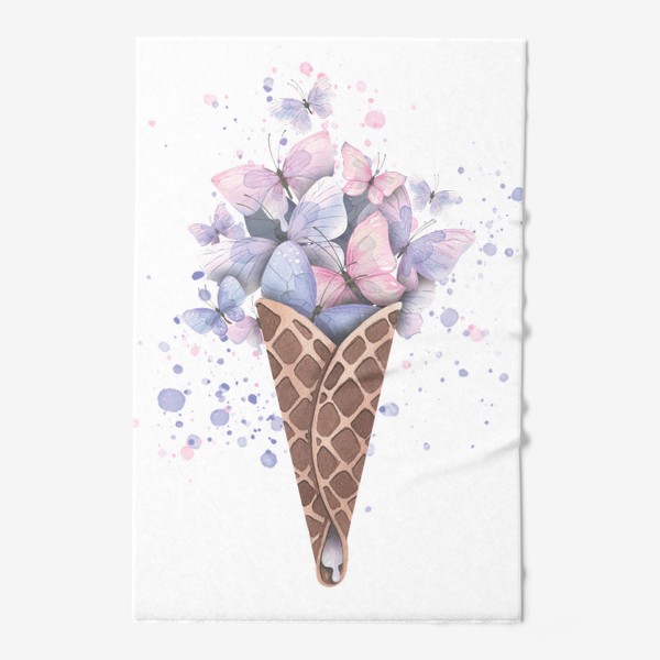 Полотенце «Розовые и сиреневые бабочки в рожке мороженого. Акварель.»