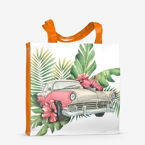 Сумка-шоппер «Ретро машина с тропическими цветами и листьями. Куба. Акварель.»