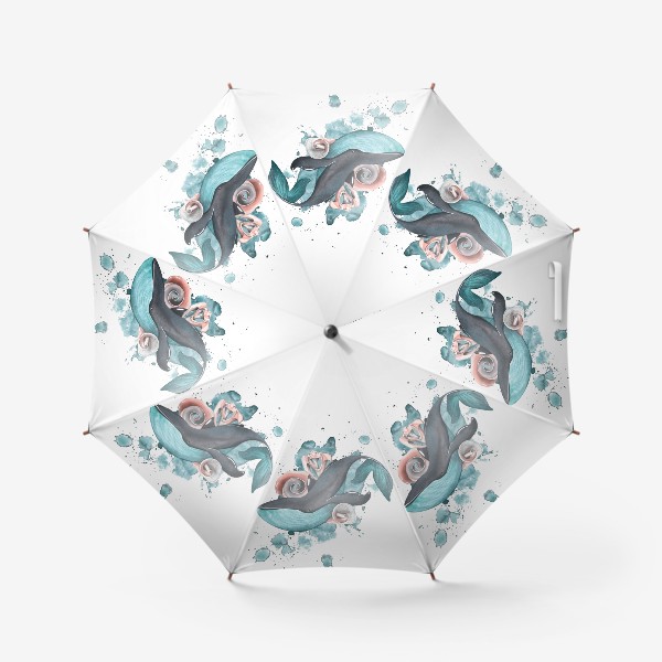 Зонт «Синий кит с ракушками и акварельным пятном. Акварель.»