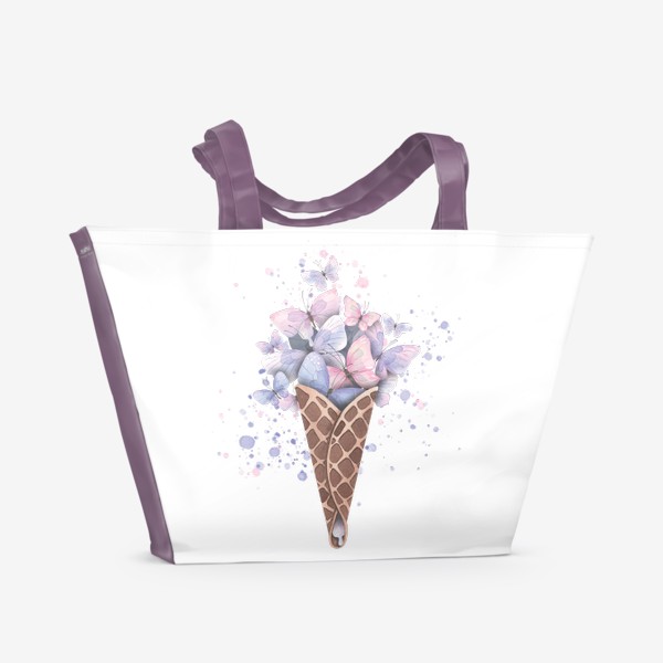 Пляжная сумка «Розовые и сиреневые бабочки в рожке мороженого. Акварель.»