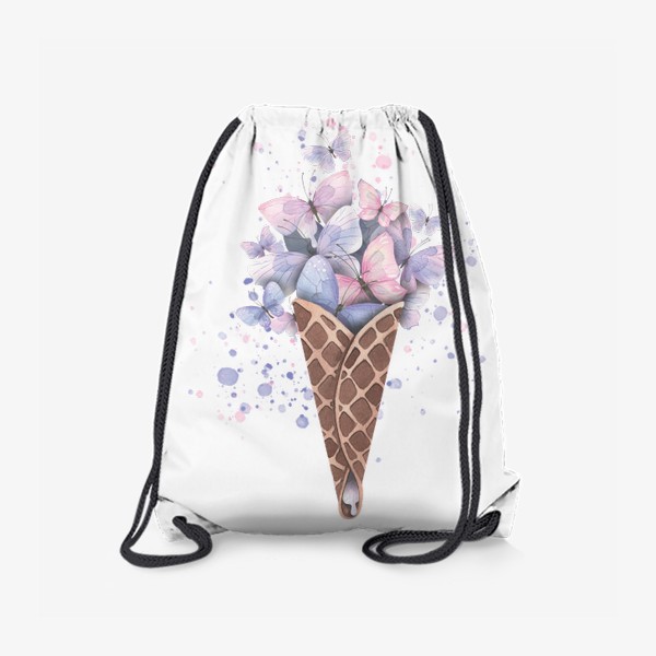 Рюкзак «Розовые и сиреневые бабочки в рожке мороженого. Акварель.»