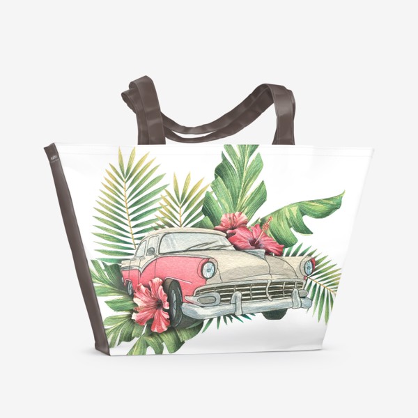 Пляжная сумка «Ретро машина с тропическими цветами и листьями. Куба. Акварель.»