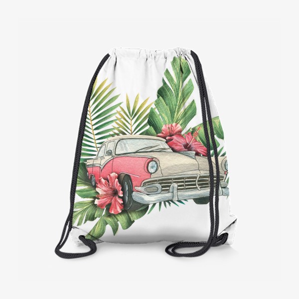 Рюкзак «Ретро машина с тропическими цветами и листьями. Куба. Акварель.»