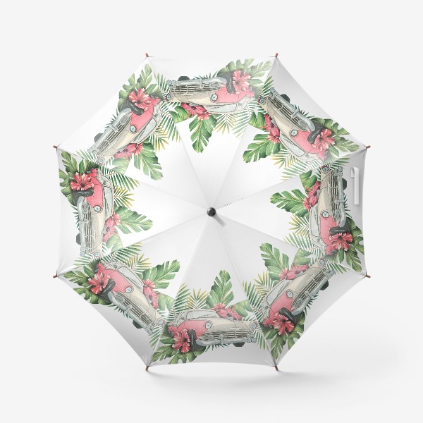 Зонт «Ретро машина с тропическими цветами и листьями. Куба. Акварель.»