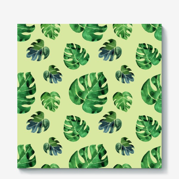 Холст «Монстера листья большие на зеленом фоне, акварель»