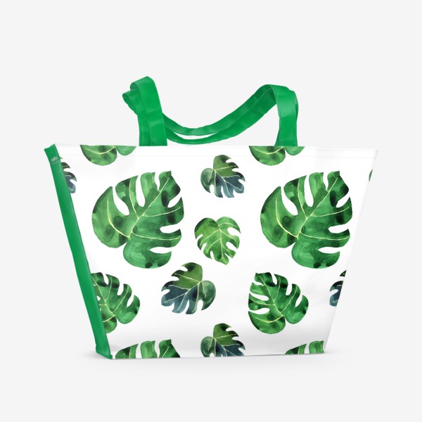Пляжная сумка &laquo;Акварельные листья монстеры тропической на белом&raquo;