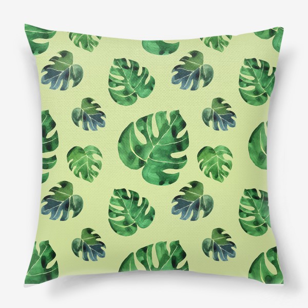 Подушка «Монстера листья большие на зеленом фоне, акварель»