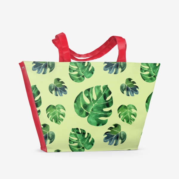 Пляжная сумка &laquo;Монстера листья большие на зеленом фоне, акварель&raquo;