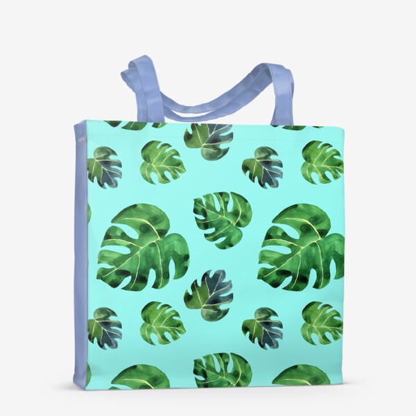 Сумка-шоппер «Тропические листья монстеры на бирюзовом, акварельный принт»