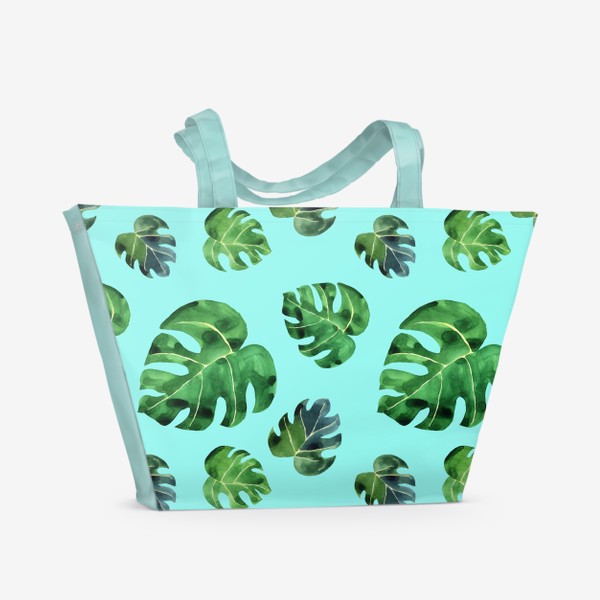 Пляжная сумка «Тропические листья монстеры на бирюзовом, акварельный принт»