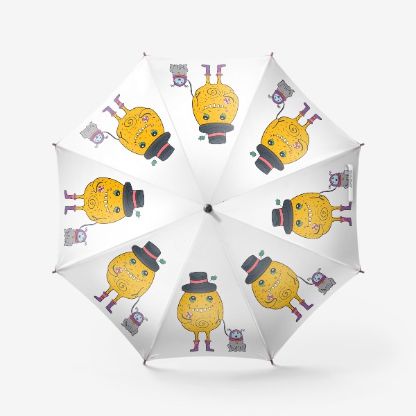 Зонт «Желтый монстр в цилиндре и разноцветной обуви выгуливает космическую собаку»