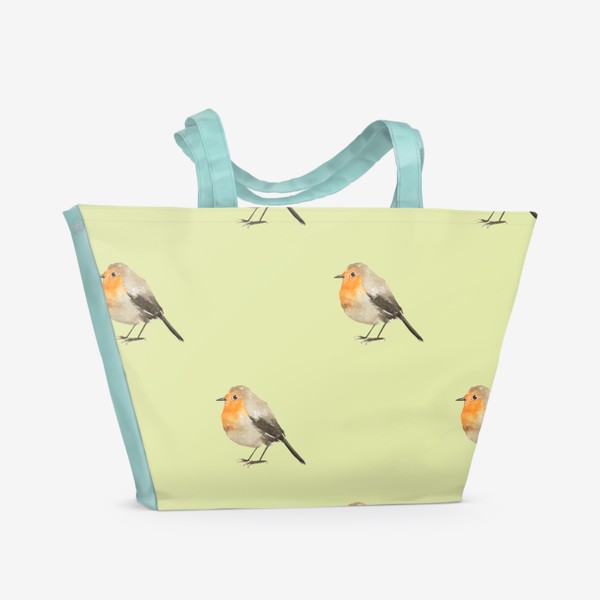 Пляжная сумка «Птица малиновка на бежевом, акварельный нежный принт»