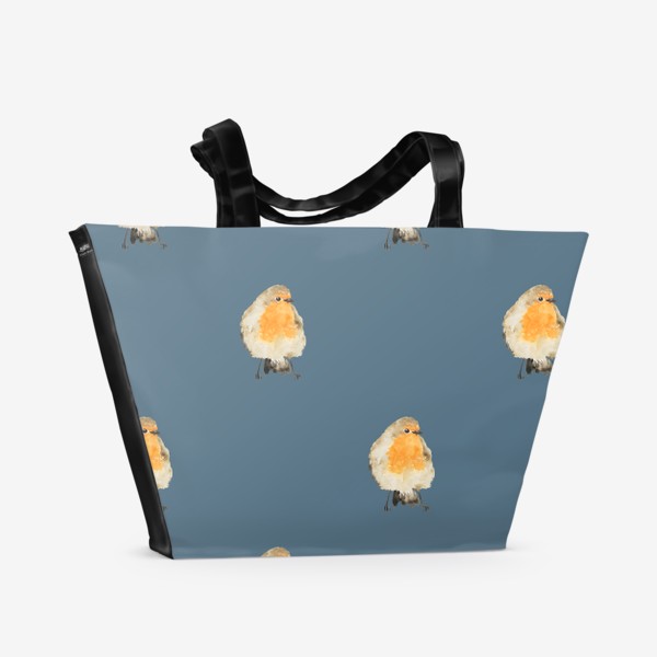 Пляжная сумка «Акварельная птица малиновка на синем, трендовый принт»